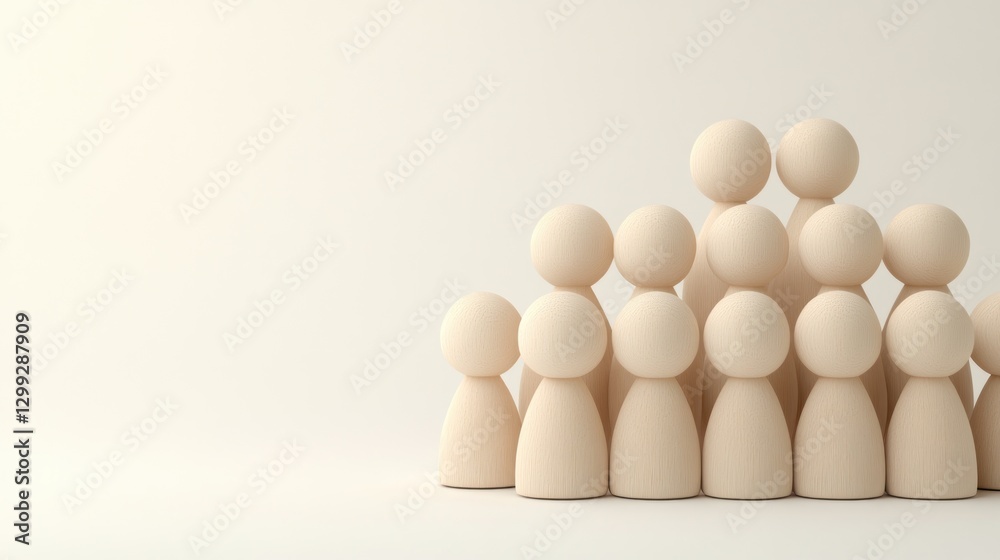 Teamwork, Collaboration, Unity: A Group of Beige Wooden Peg Dolls Arranged in a Pyramid Shape on a White Background