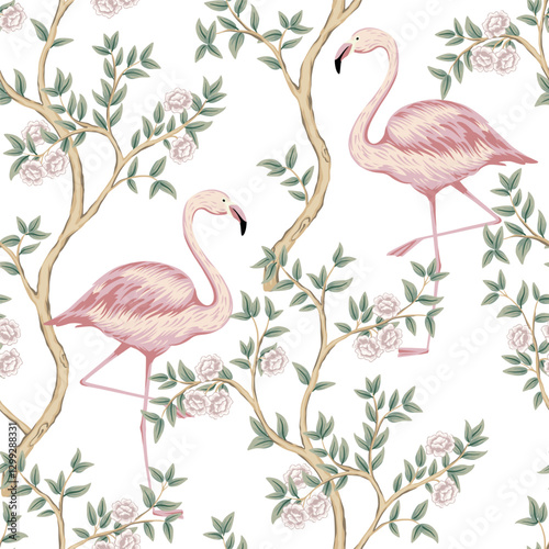 Flamingo bird, pink rose tree floral seamless pattern white background. Chinoiserie wallpaper.