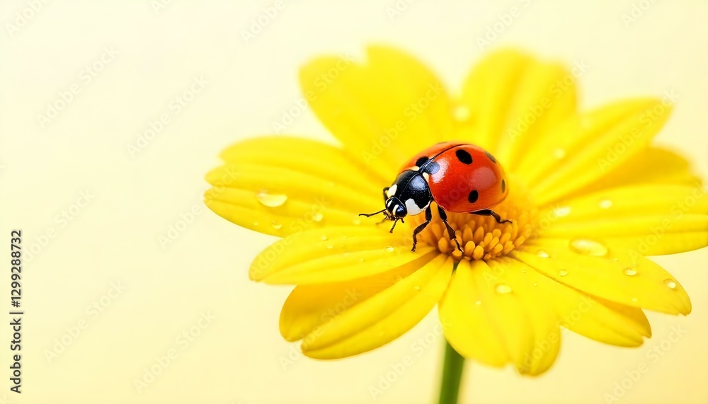 Fototapeta premium Una fotografía macro muestra una mariquita sobre un pétalo de flor amarilla cubierto de gotas de agua