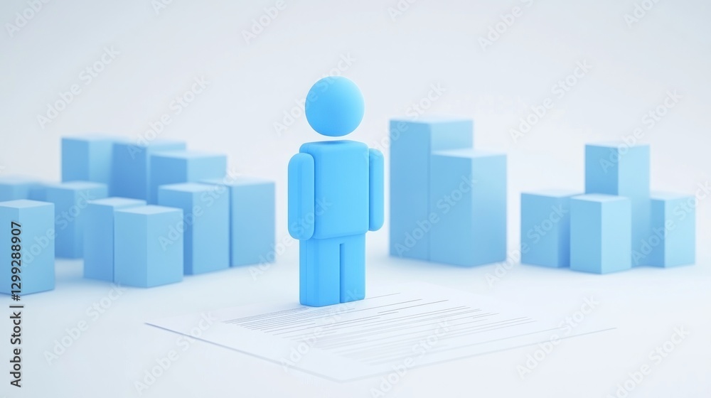3D Rendering: Blue Figurine Represents Business Performance with Charts and Documents 3D Rendering: Blue Figurine Represents Business Performance with Charts and Documents