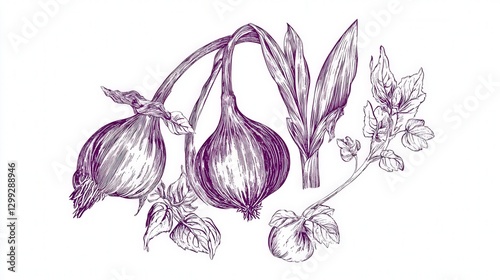Vintage Botanical Illustration of Onions and Herbs