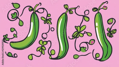 Whimsical Pea Pods and Plants, Vibrant Floral Design
