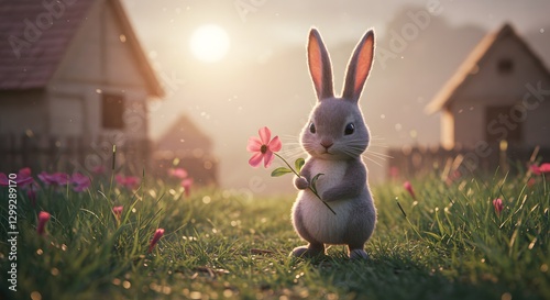 Cute Bunny Holding Flower in Grassy Field at Sunrise or Sunset