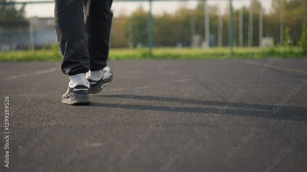 Leg view of person wearing joggers and sneakers walking on court with blurred background featuring bar fence and greenery, focus on footwear and court surface in outdoor environment Leg view of person wearing joggers and sneakers walking on court with blurred background featuring bar fence and greenery, focus on footwear and court surface in outdoor environment