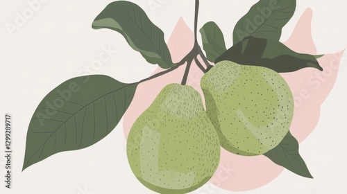 Elegant Green Pears on a Branch: A Fresh and Delicate Fruit Illustration