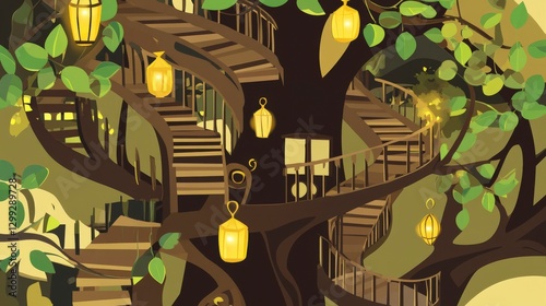 Enchanted Treehouse with Spiral Staircase and Glowing Lanterns