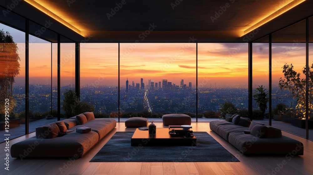 Fototapeta premium Luxury Modern Living Room Overlooking a Stunning Cityscape at Sunset, Floor-to-Ceiling Windows & Elegant Decor Create a Serene Oasis with Panoramic Views.