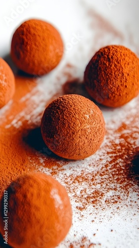 Cocoa Delight: Delicious cocoa truffles, covered in rich cocoa powder, arranged artistically on a surface, inviting a moment of pure indulgence.