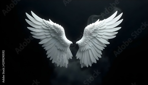 Dos alas de ángel blancas sobre fondo negro, arte digital, iluminación suave y difusa, esquema monocromático, texturas suaves