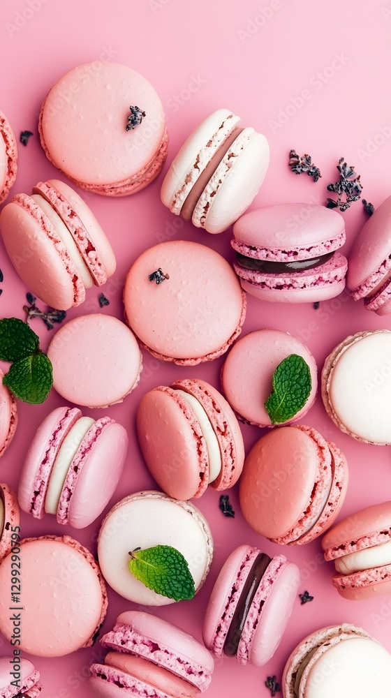 Fototapeta premium Sweet Symphony: A vibrant arrangement of pastel-colored macarons creates a visually delightful and mouthwatering composition.