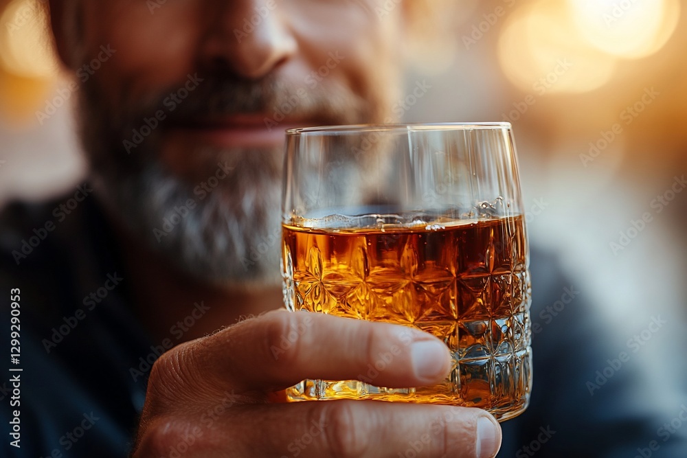 Man holding whiskey glass, relaxed smile, bar setting, golden light Man holding whiskey glass, relaxed smile, bar setting, golden light