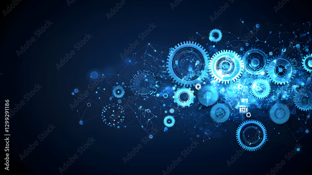 Abstract Technological Gears and Connections on Dark Blue Background Displaying Complex Systems Abstract Technological Gears and Connections on Dark Blue Background Displaying Complex Systems