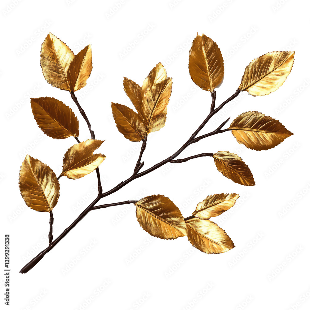 Fototapeta premium Golden Foliage Branch With Metallic Leaves, PNG On Transparent Background