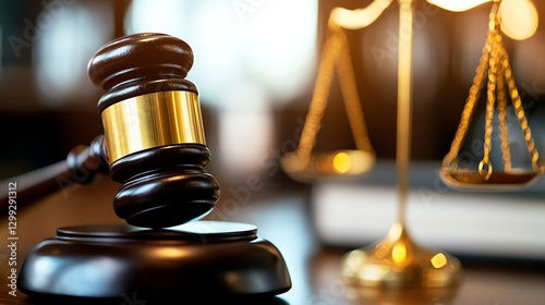 A close-up view of a gavel and scales of justice on a wooden desk, symbolizing law and order. Ideal for legal, judicial, or ethical themes, representing authority in the courtroom.