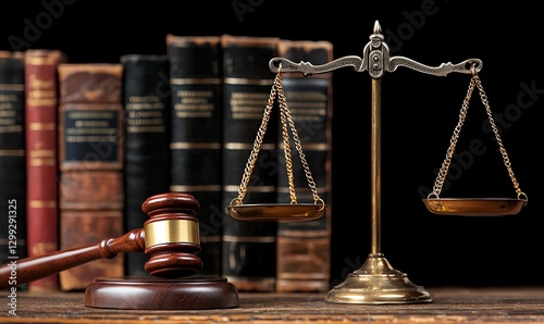 A close-up view of a wooden gavel and a brass scale of justice, symbolizing law and order