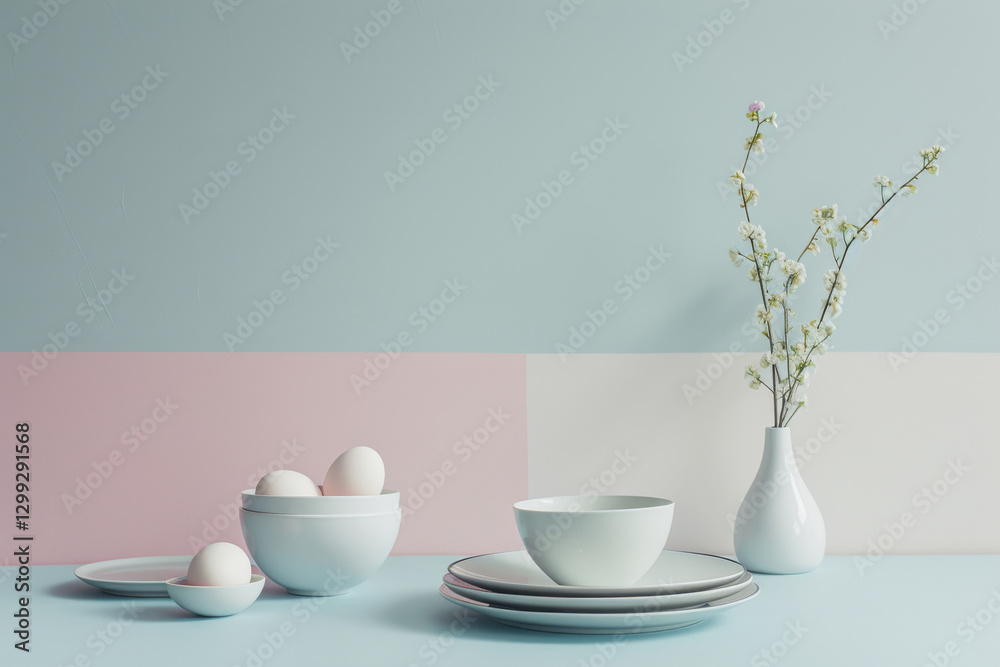 A beautifully arranged table features soft pastel plates A beautifully arranged table features soft pastel plates