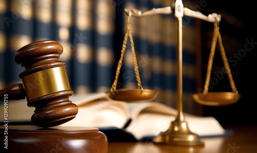A gavel and scales of justice symbolizing law and order, set against a backdrop of law books. This image conveys professionalism, authority, and the legal system.