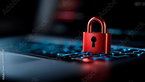 A close-up view of a red padlock resting on a laptop keyboard, symbolizing cybersecurity and digital protection in the modern tech landscape.