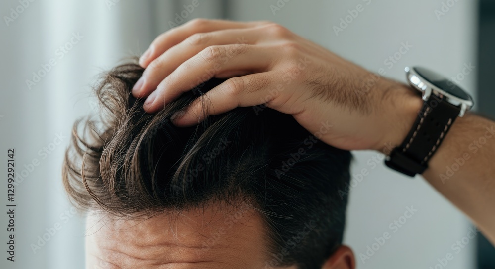 Naklejka premium Male adjusts hair, wearing watch, close-up of grooming, selective focus