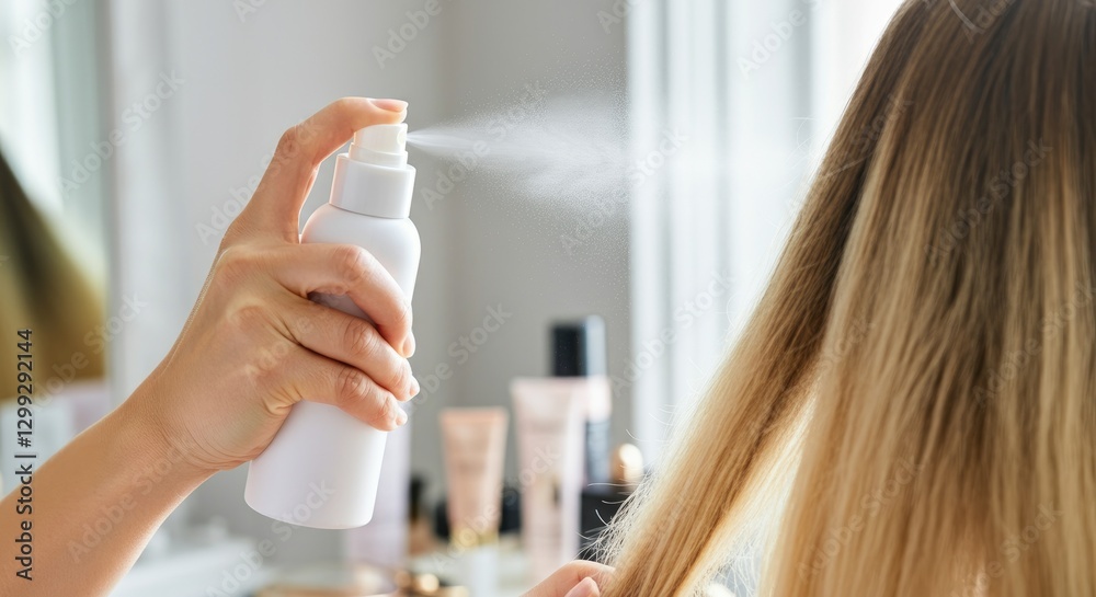 Woman spraying hair with mist in beauty routine Woman spraying hair with mist in beauty routine