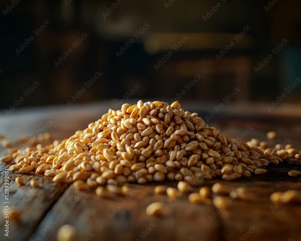 Obraz premium Kamut grains piled neatly on a wooden table, contrastingly highlighted against a darker background