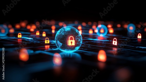 A futuristic depiction of cybersecurity, featuring glowing spheres with padlocks representing data protection. This image highlights the importance of secure digital environments.