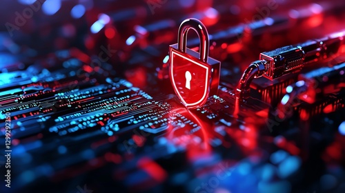 A vibrant digital representation of cybersecurity with a glowing padlock symbol on a complex circuit board, illustrating the importance of data protection and information security.