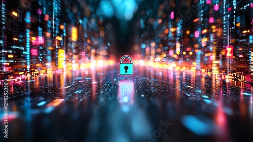 A captivating digital illustration of a secure lock symbolizing cybersecurity, set among vibrant, glowing data streams in a futuristic environment, emphasizing data protection and