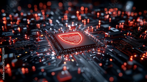 A high-resolution image of a computer chip embedded in a complex circuit board, illuminated with vibrant red lights