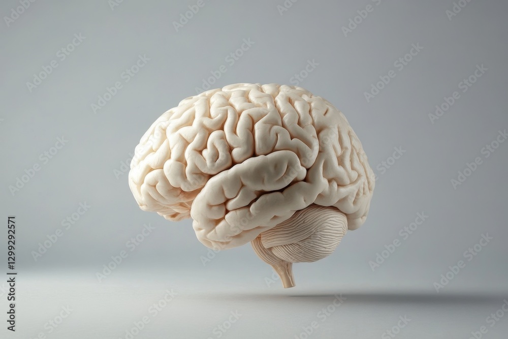 An isolated anatomical model of the human brain appears in view An isolated anatomical model of the human brain appears in view