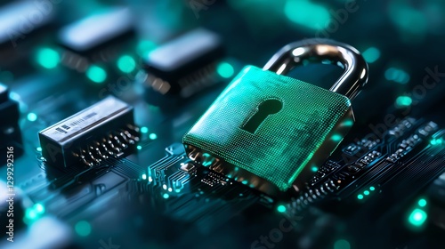 A close-up shot of a digital lock on a circuit board, symbolizing cybersecurity and data protection