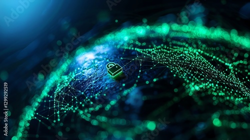 This stunning digital illustration depicts a glowing green lock symbolizing cybersecurity and data protection over a network of interconnected nodes representing the internet.