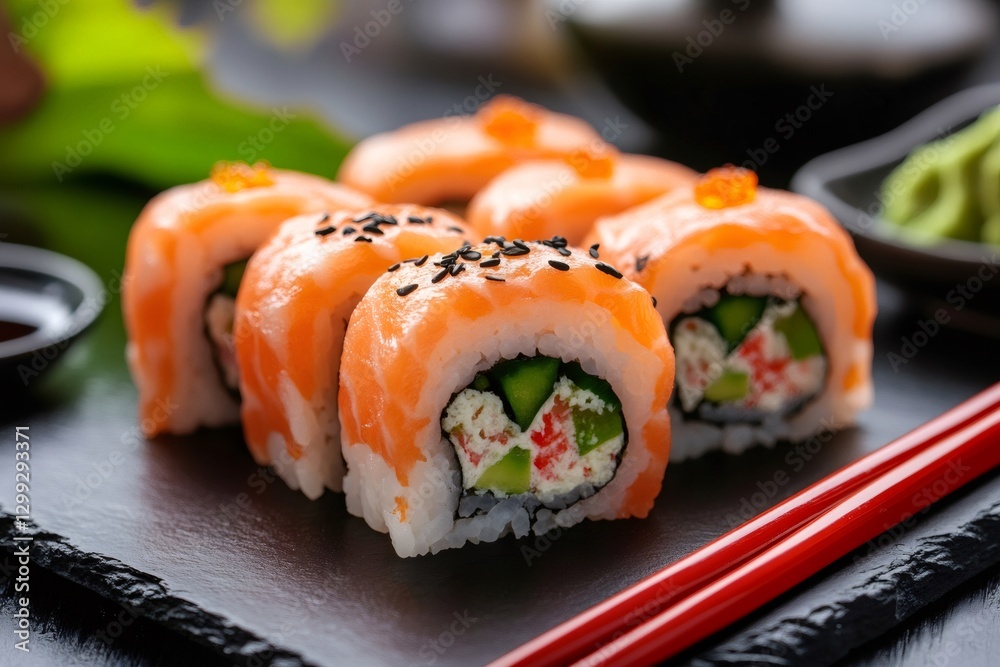 Philadelphia uramaki sushi rolls covered with salmon and sesame seeds on black slate plate Philadelphia uramaki sushi rolls covered with salmon and sesame seeds on black slate plate