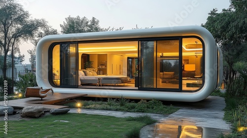 Modern Prefab House with Panoramic View: A Fusion of Futuristic Design and Natural Serenity, Featuring a Lush Garden and Warm Interior Lighting.