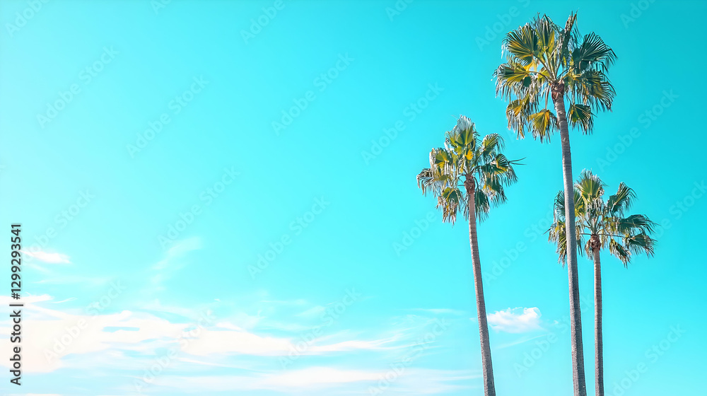 Obraz premium Three Tall Palm Trees Silhouetted Against Turquoise Sky With Wispy Clouds in Daytime