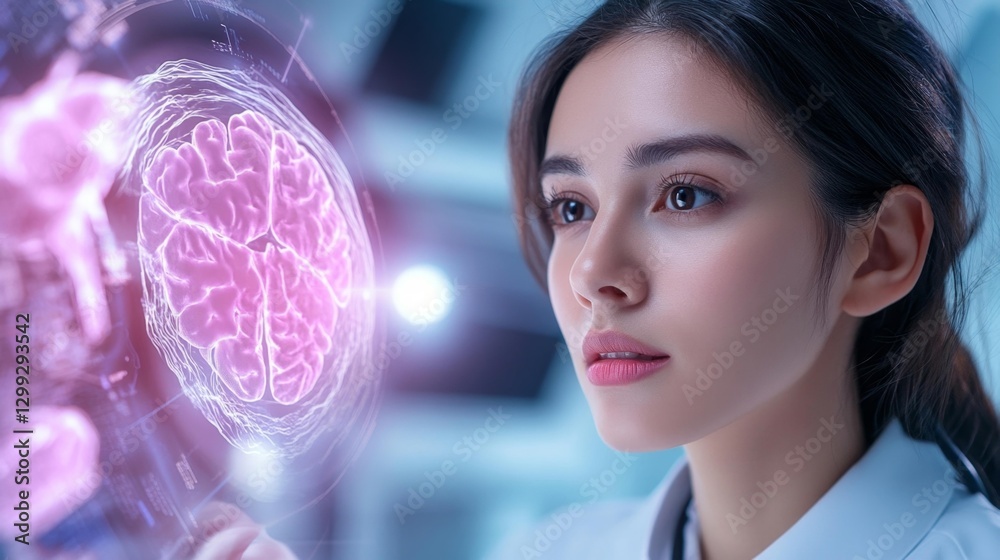 Young woman interacting with futuristic brain scan technology in a laboratory environment. Generative AI Young woman interacting with futuristic brain scan technology in a laboratory environment. Generative AI