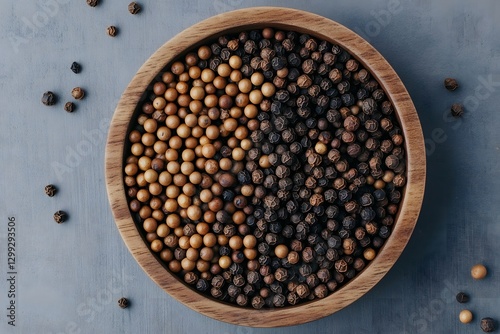 Spice Harmony: A rustic wooden bowl cradles a contrasting blend of black and white peppercorns, artfully arranged on a textured surface.