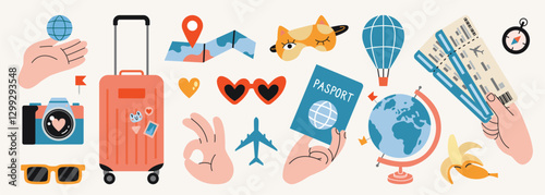 Hands gestures and travel themed items like suitcase, tickets, map and sunglasses. Tourism and vacation planning concept. Trendy modern vector illustration, hand drawn, flat design
