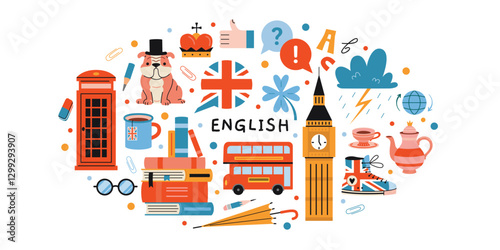 Oval composition with books and Iconic British culture symbols like landmarks, flag, tea and red phone booth. Learning English language Set. Vector illustration isolated on white, hand drawn, flat