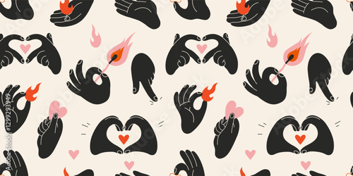 Seamless pattern with black Hands gestures, flames, match and heart. Love, passion and creativity concept. Trendy modern vector illustration on light background, hand drawn, flat design