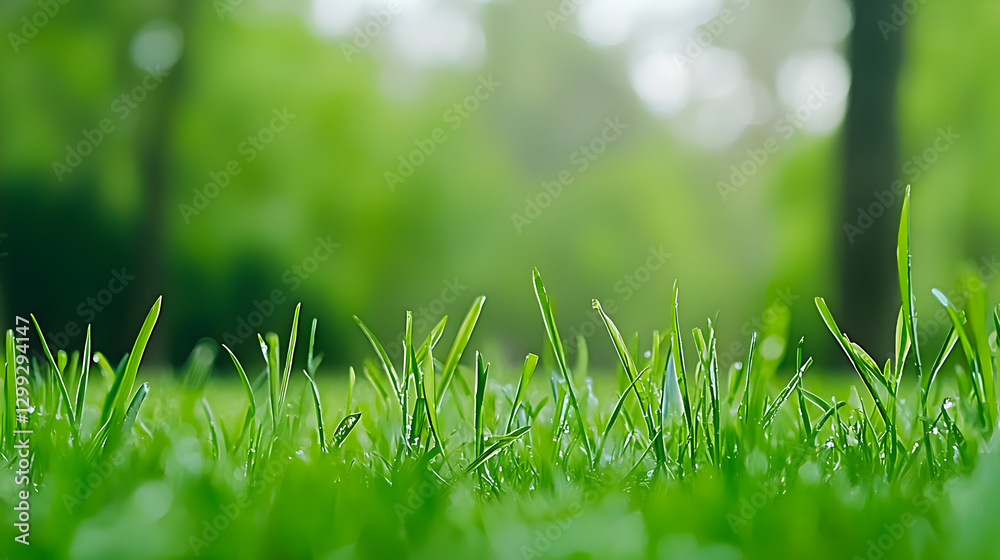 Lush Green Grass Close Up with Blurred Background of Trees and Bright Sunlight Lush Green Grass Close Up with Blurred Background of Trees and Bright Sunlight
