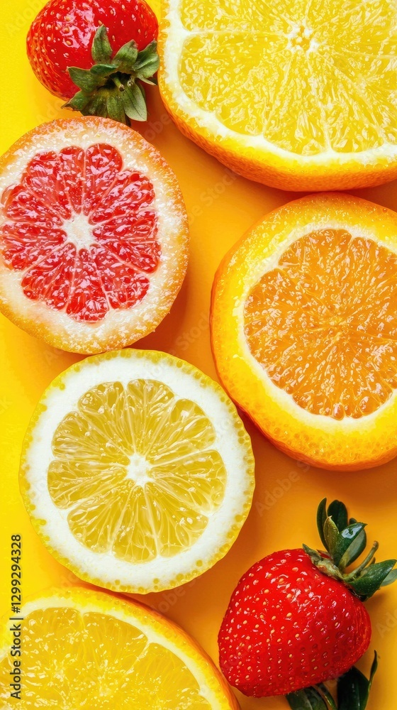 Colorful citrus fruit and strawberries on yellow background; healthy food concept Colorful citrus fruit and strawberries on yellow background; healthy food concept