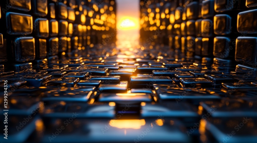 Obraz premium Sunset Reflection in a High-Tech Cityscape with Glowing Blocks. Generative AI