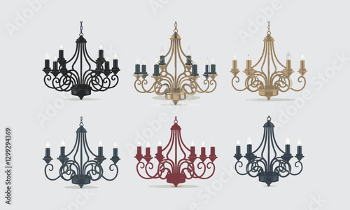 A modern collection of elegant vector-style chandeliers, Chandelier various vintage luxury type set. Different hanging lamp collection for interior design. easily editable.