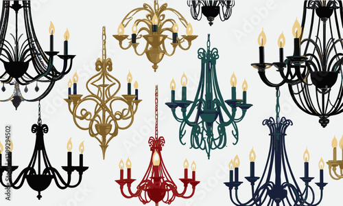 A modern collection of elegant vector-style chandeliers, Chandelier various vintage luxury type set. Different hanging lamp collection for interior design. easily editable.