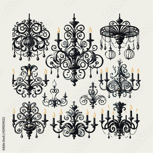 A modern collection of elegant vector-style chandeliers, Chandelier various vintage luxury type set. Different hanging lamp collection for interior design. easily editable.