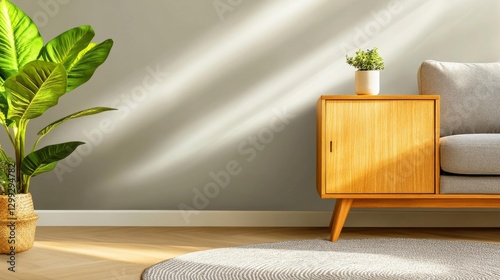 Modern Living Room with Bright Sunlight and Fresh Green Plants. Generative AI