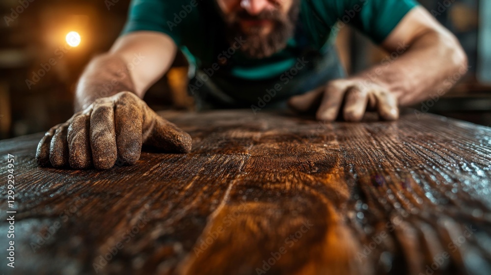 A Close-Up of a Craftsman Inspecting a Wooden Table. Generative AI A Close-Up of a Craftsman Inspecting a Wooden Table. Generative AI