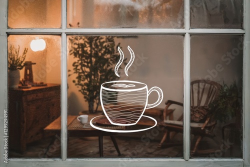 Cozy cafe interior with warm lighting and a steaming cup graphic on window in urban setting