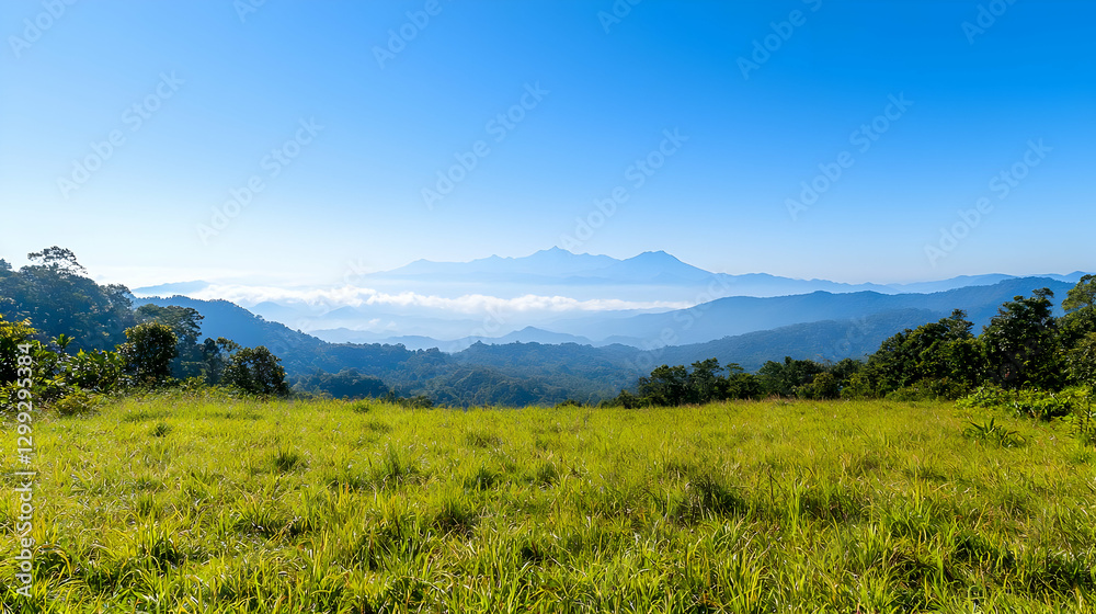 Fototapeta premium Panoramic View Of Mountain Landscape With Green Fields And Blue Sky